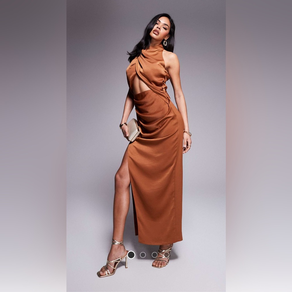Asos high neck Midaxi dress with cutout in rust